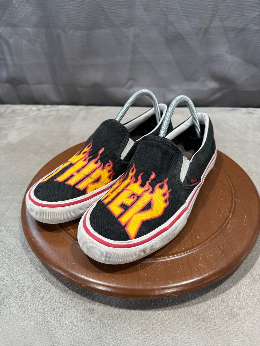 Vans x Thrasher Slip-On Pro Sneakers with Yellow and Red Flame Graphic